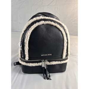 Michael Kors Rhea Medium Suede and Faux Shearling Backpack Black NWT